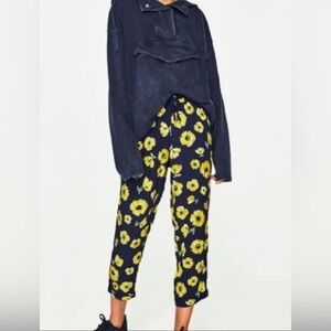 Zara Trafaluc TRF Tie Waist Cropped Pants Navy Blue Yellow Floral Women’s Sz XS